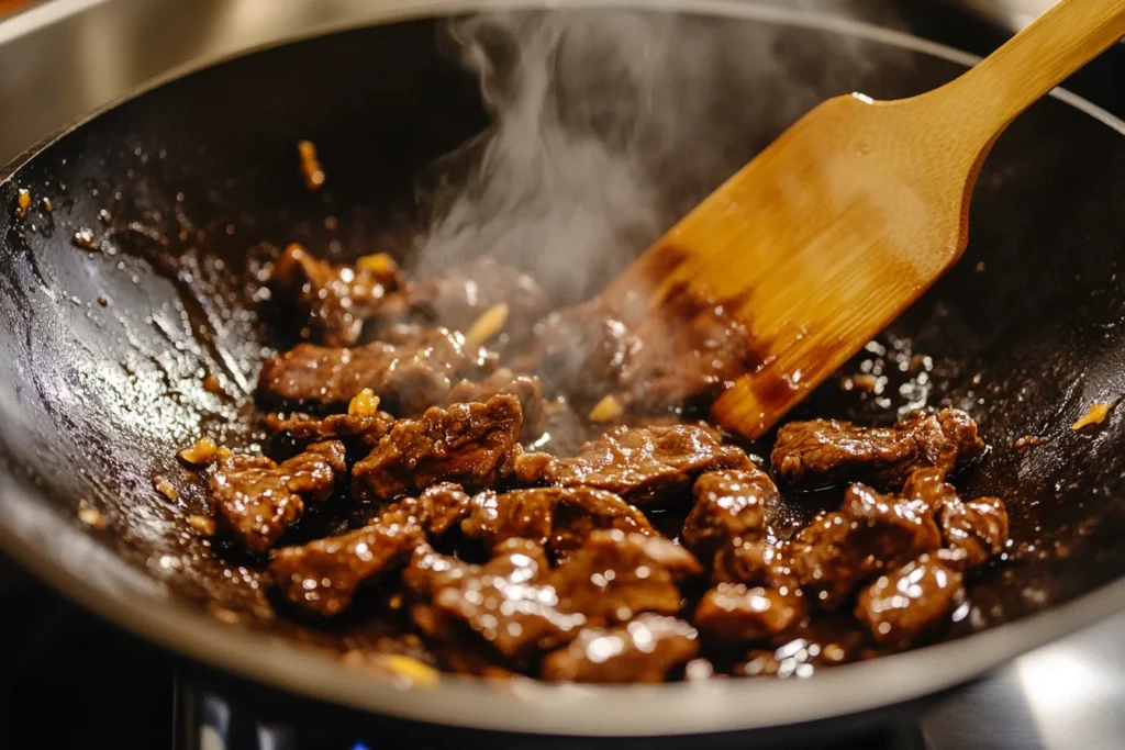 A wok filled with sizzling Mongolian beef searing in a rich, caramelized sauce over high heat.