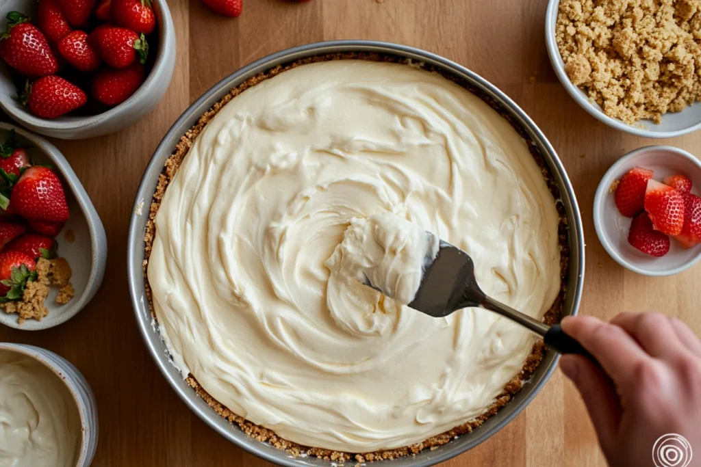 A springform pan filled with creamy cheesecake filling being spread evenly over a graham cracker crust.