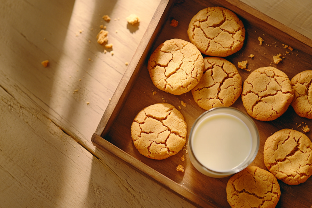 A stack of 4 ingredient peanut butter cookies, golden and chewy, with a glass of milk on the side.