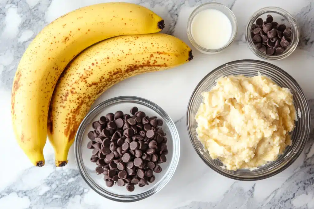 A top-down view of fresh bananas, mashed bananas, chocolate chips, and milk in glass bowls on a marble countertop.