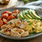 A beautifully plated chicken breakfast dish with eggs, toast, and avocado on a rustic wooden table, garnished with fresh herbs.