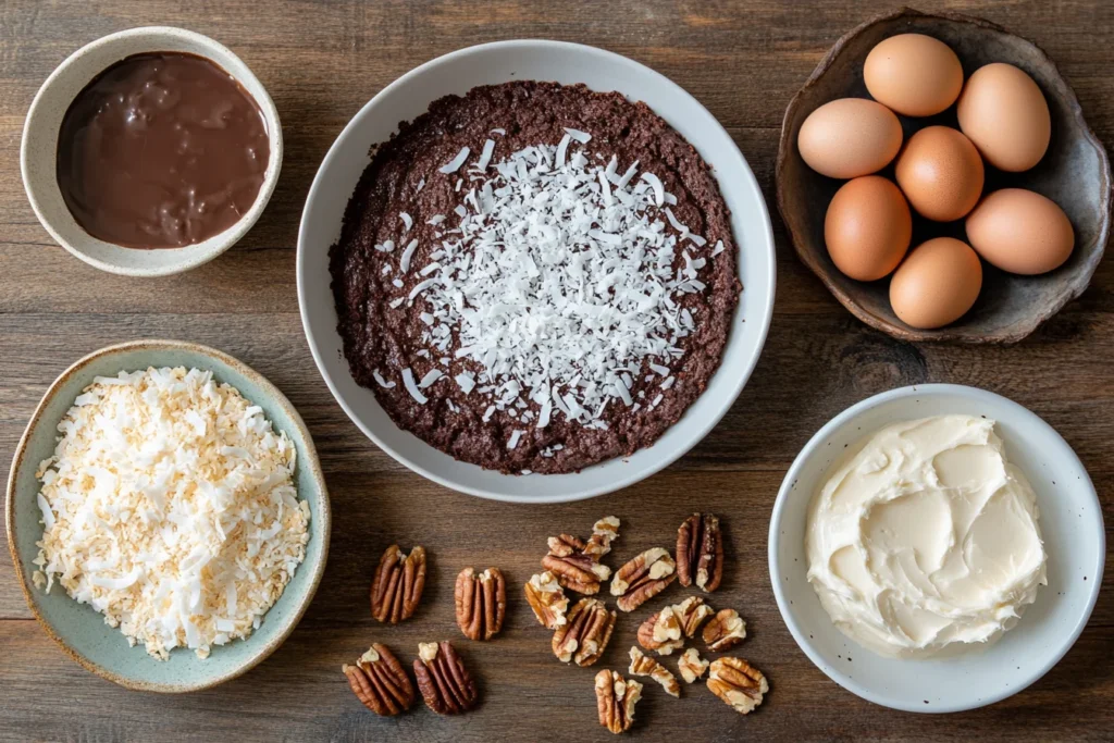 Ingredients for a German Chocolate Poke Cake, including cake mix, eggs, sweetened condensed milk, coconut, and pecans.