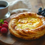 Freshly baked puff pastry breakfast recipe with a golden, flaky crust, served with berries and coffee on a rustic wooden table.