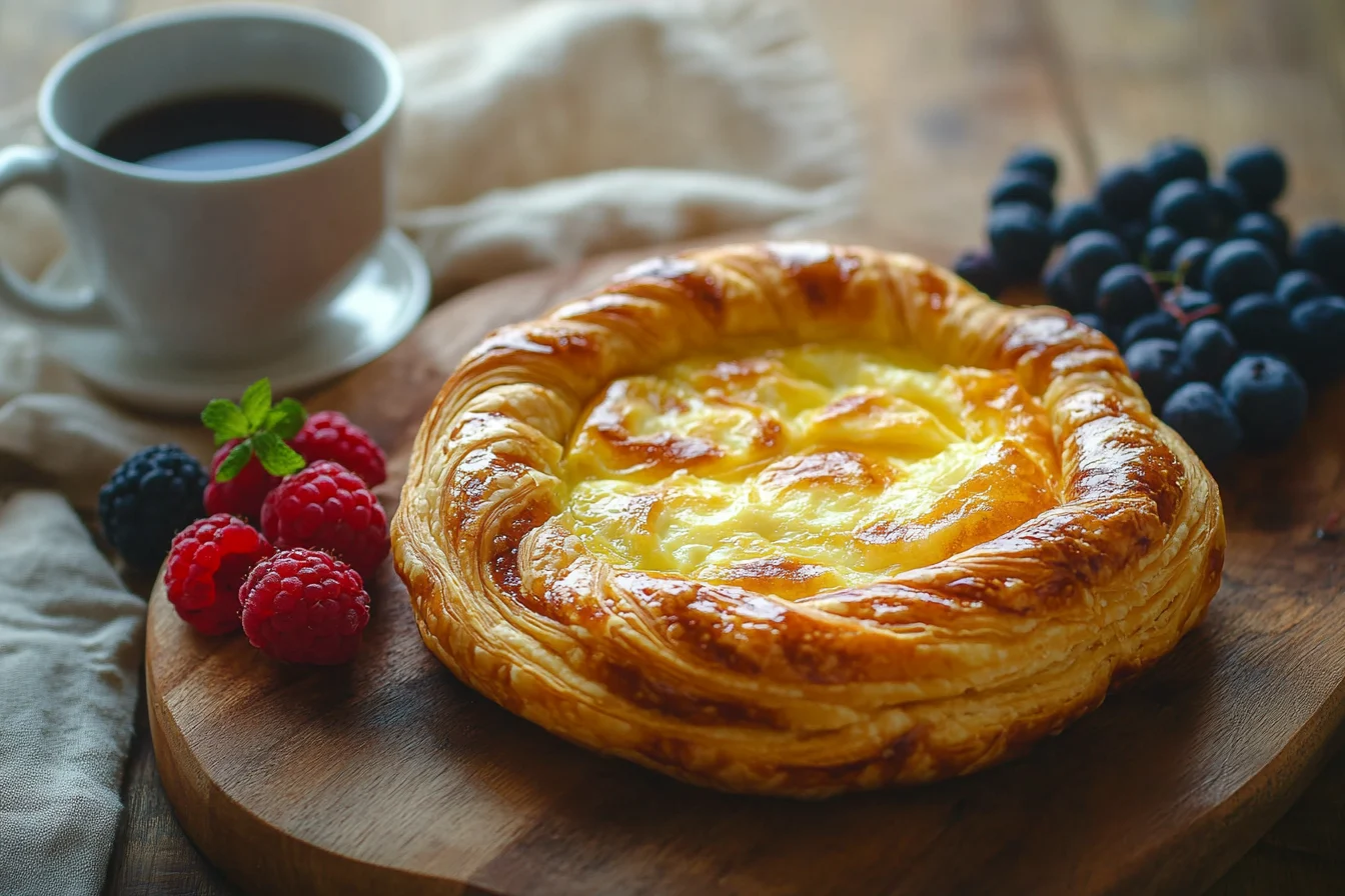 Freshly baked puff pastry breakfast recipe with a golden, flaky crust, served with berries and coffee on a rustic wooden table.