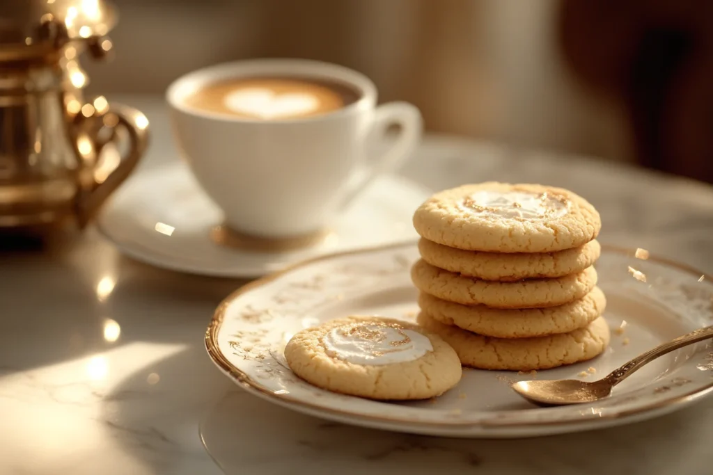 A plate of French butter cookies served in a Parisian café setting with a cappuccino and a linen napkin.