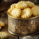 A decorative tin filled with golden, crisp French butter cookies, stacked neatly on a rustic wooden table.