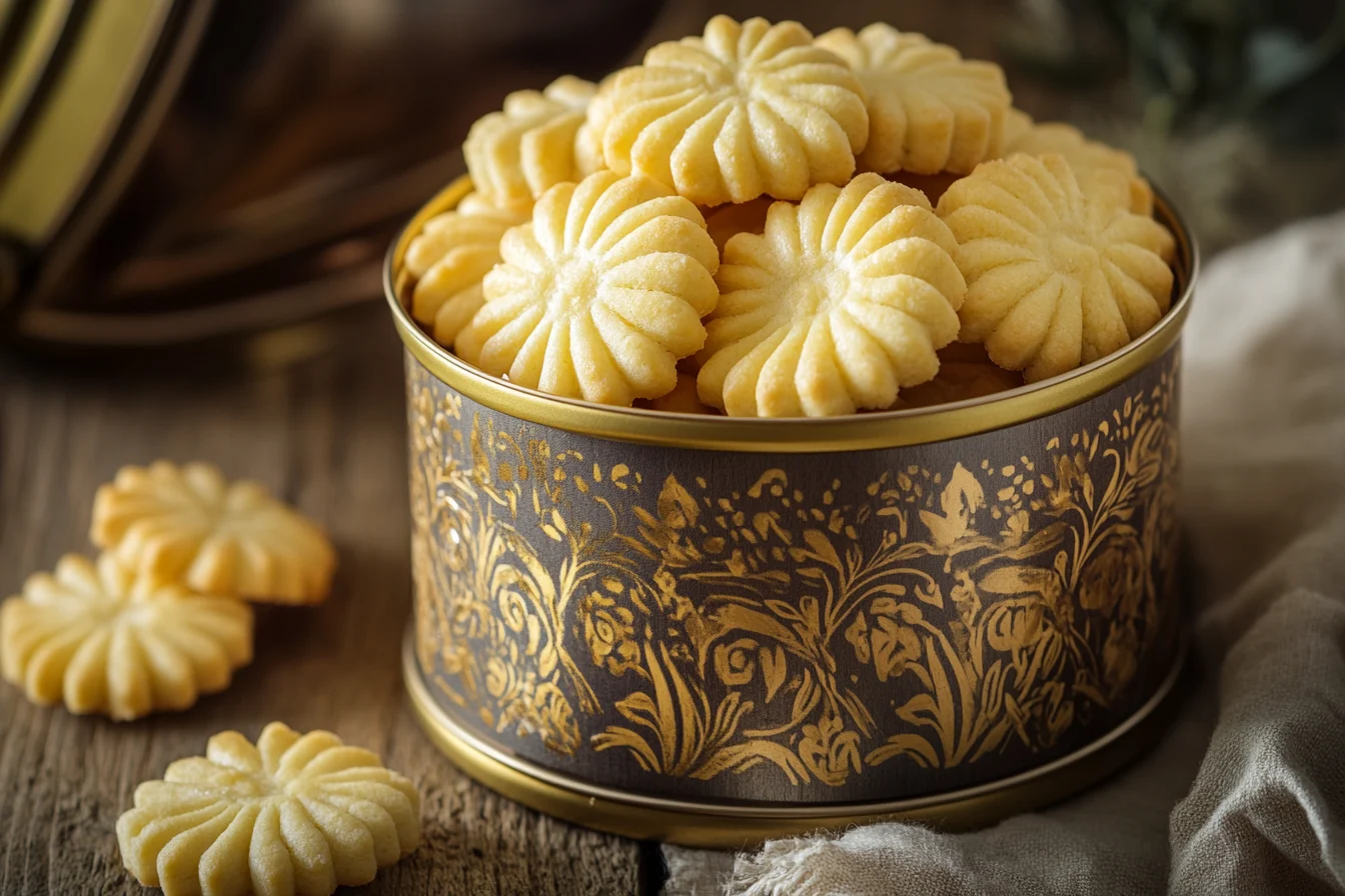 A decorative tin filled with golden, crisp French butter cookies, stacked neatly on a rustic wooden table.