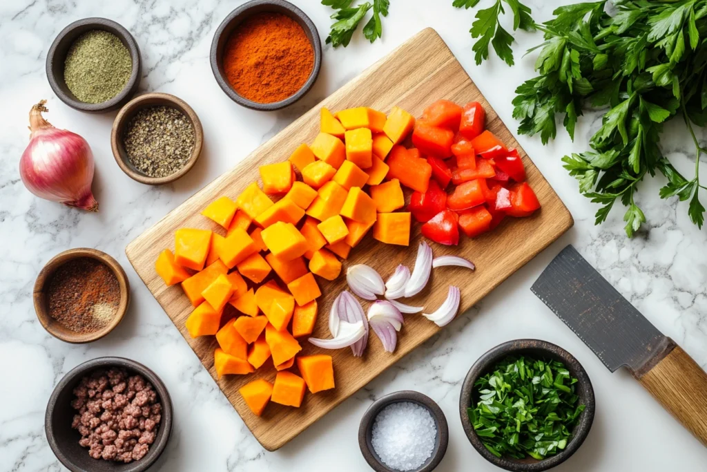 Fresh ingredients for Ground Beef Sweet Potato Skillet including diced sweet potatoes, raw ground beef, onions, and seasonings on a cutting board.