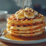 A stack of crispy banana waffles with golden edges, topped with maple syrup and fresh banana slices, served on a rustic wooden plate.