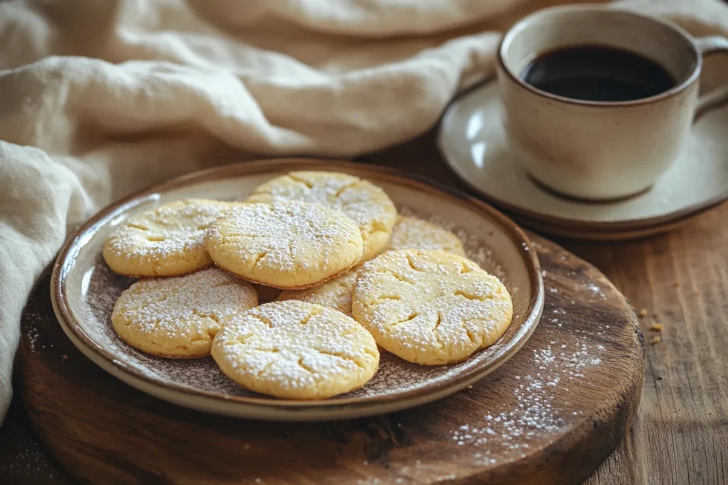 A plate of golden French butter cookies with crisp edges and a light powdered sugar dusting, served with espresso on a rustic wooden board.