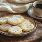 A plate of golden French butter cookies with crisp edges and a light powdered sugar dusting, served with espresso on a rustic wooden board.c