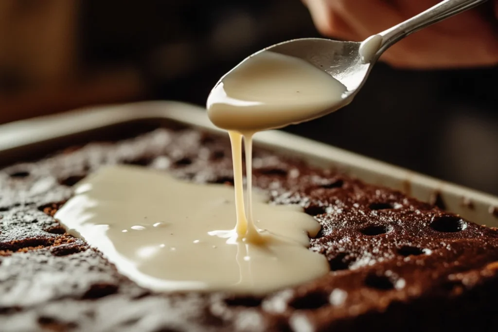 Sweetened condensed milk being drizzled into a warm German Chocolate Poke Cake with poked holes.