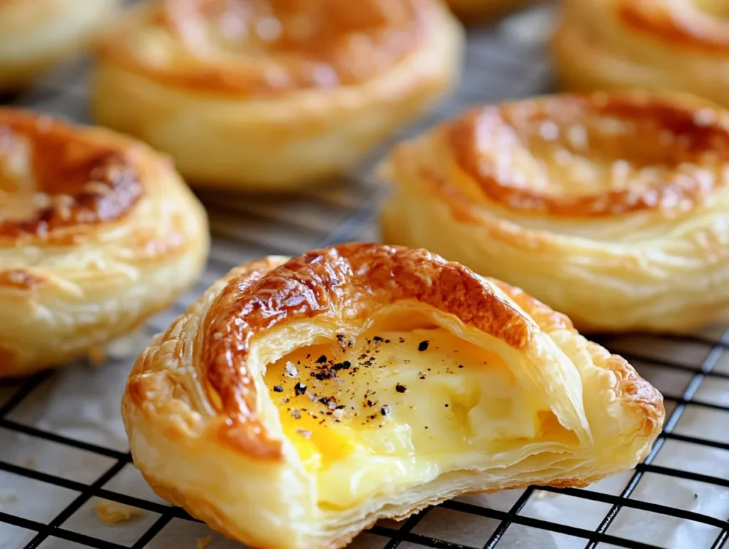 Golden, flaky puff pastry breakfast pockets with a gooey cheese and egg filling, fresh from the oven.