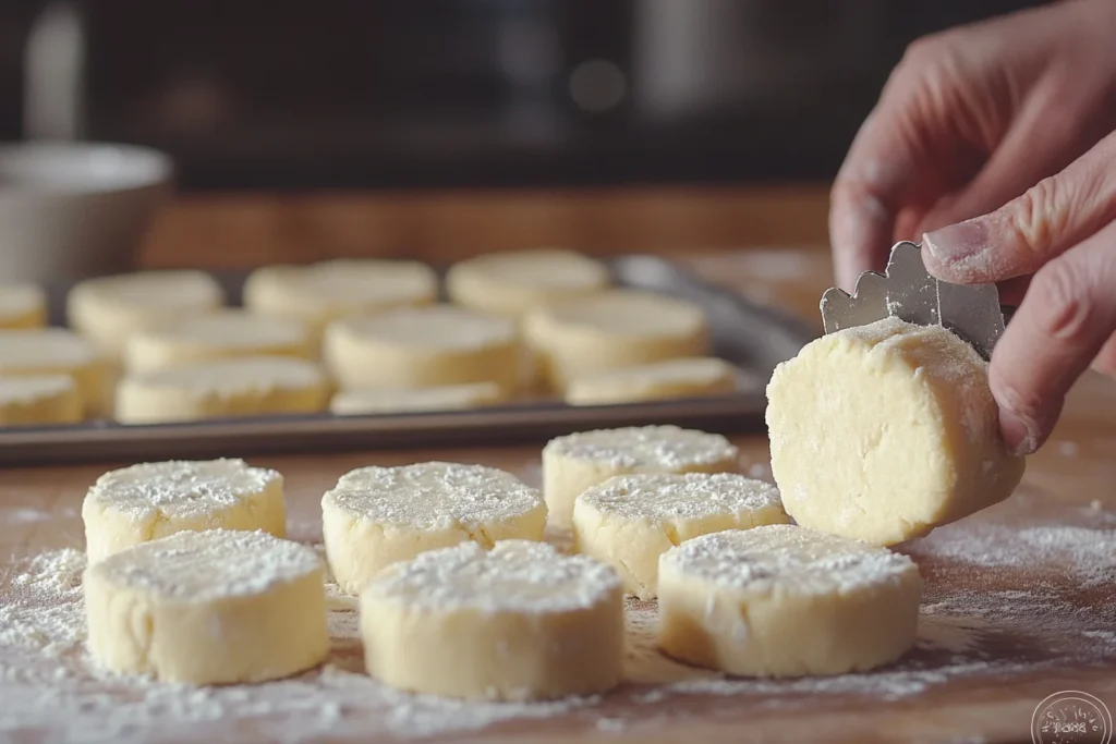 A baker rolling out French butter cookie dough on a floured wooden surface, cutting round shapes for baking.