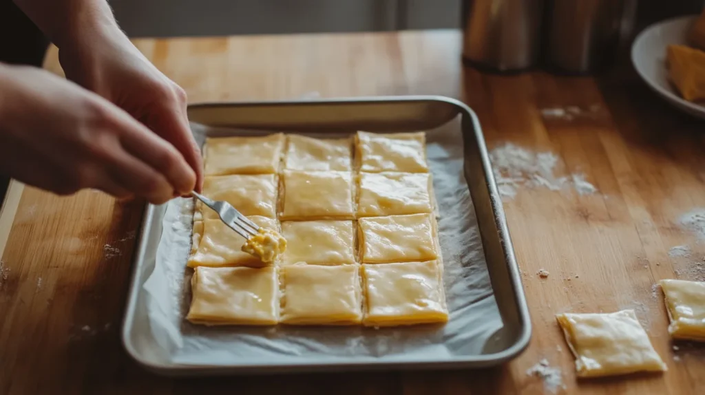 Hands preparing a puff pastry breakfast recipe by filling and sealing pastry squares with egg and cheese mixture.