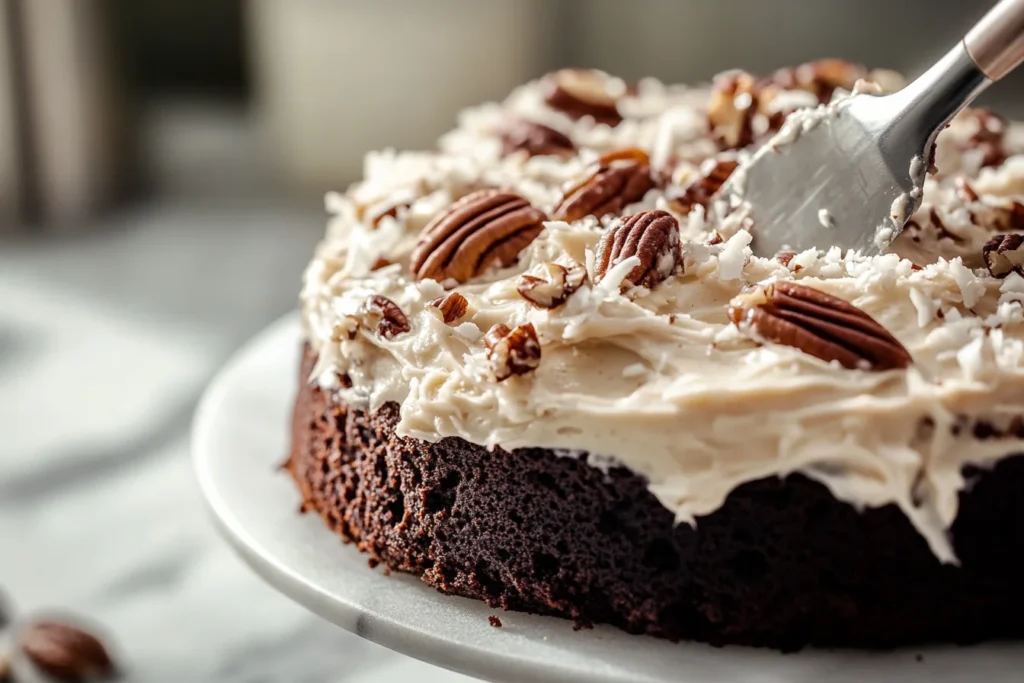 Coconut-pecan frosting being spread over a warm German Chocolate Poke Cake.