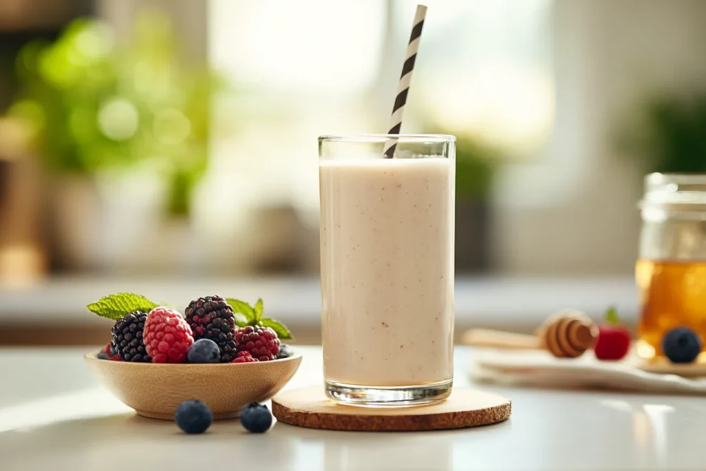 A refreshing Greek yogurt smoothie in a clear glass, with fresh berries and honey on the side.